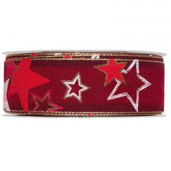 Geschenkband „Sterne“ mit Lurexkante, Rot/Gold 35mm x 18m