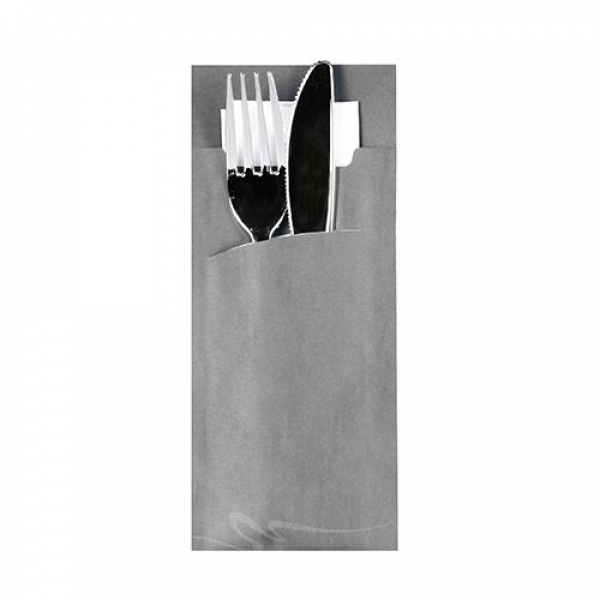 Bestecktaschen grau, 20 x 8,5 cm, inkl. weißer Serviette 33 x 33 cm 2-lag.