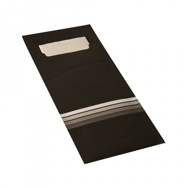 Bestecktaschen "Stripes" schwarz/weiss, 20 x 8,5 cm, inkl. weißer Serviette 33 x 33 cm 2-lag.